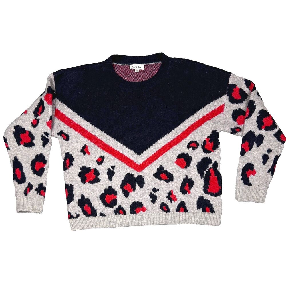 Anthro Adora Sweater Women's Small Gray/Black/Red Leopard Long Sleeve
